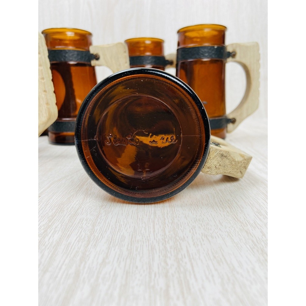 Vintage Siesta Ware Amber Glass Mugs w/ Wood‎ Handles Mid Century Barware Set 4